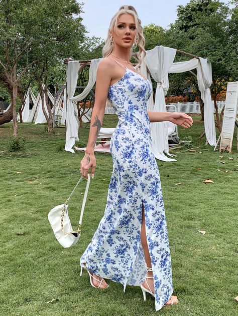 Blue Inspired Outfits, Blue And White Dresses, White Long Dress Summer, Blue And White Floral Dress, Summer Ball, Floral Ties, Family Dress, Floral Dress Outfits, White Dress Outfit