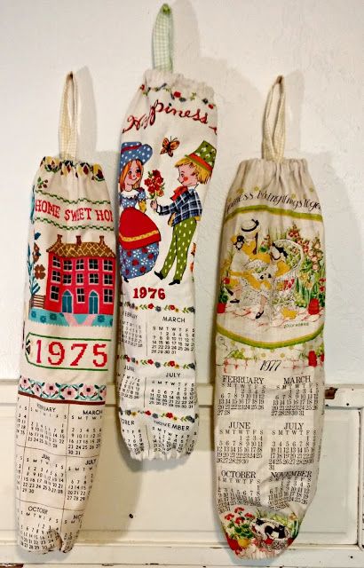 Repurposed Calendar Tea Towels - Little Vintage Cottage Vintage Linens Repurposed, Tea Towels Crafts, Vintage Calendar, Upcycled Gifts, Plastic Bag Holders, Vintage Tea Towels, Towel Crafts, Linens And Lace, Vintage Sheets