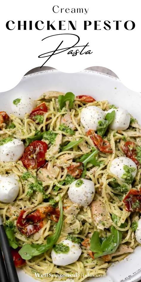 Creamy, cheesy, and tastes like summer! Chicken pesto pasta is a staple in our kitchen. Roasted cherry or grape tomatoes get tossed with pesto sauce, mascarpone, rotisserie chicken, and bocconcini (little mozzarella balls!) for a quick weeknight pasta dish that is packed with flavor! #chickenpesto #pasta #pestopasta #delicious @wellseasonedstudio | wellseasonedstudio.com Creamy Pesto Chicken Pasta, Chicken Pesto Pasta, Weeknight Pasta, Creamy Pesto Pasta, Homemade Pesto Sauce, Mozzarella Balls, Mozzarella Pasta, Summer Chicken, Pasta Pesto