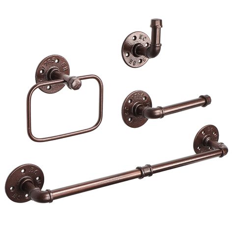 PRICES MAY VARY. HEARY DUTY MATERIAL: 4 Pieces industrial pipe bathroom hardware set are made of high quality iron material with strong hardness, sturdy. VINTAGE INDUSTRIAL STYLE: Pipe design in black creating a vintage appearance to create an unique rustic style in your home, Included 18" towel bar rack, industrial style towel ring, towel hook and toilet paper holder. MULTIPLE FUNCTIONS: It can be used for hanging towel, toilet paper, robes, coats, bags, hats, keys, umbrellas, etc. It will proj Iron Decor Wall, Rustic Bathroom Hardware, Rustic Iron Decor, Pipe Towel Bar, Bronze Bathroom, Robe And Towel Hooks, Vintage Industrial Style, Iron Hardware, Bathroom Hardware Set