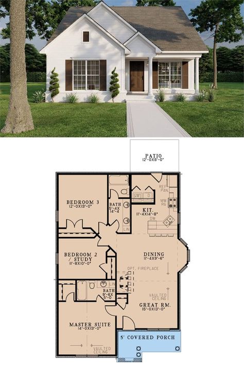 This 3-bedroom home is embellished with country appeal showcasing traditional horizontal siding, varying gable peaks, shuttered windows, and an inviting front porch highlighted by round columns. Cozy Floor Plans, Open Concept Home Layout, Open Concept Living Room And Kitchen, 1 Story House Layout, Home With Front Porch, Interior Design Hacks, Sims Design, Three Bedroom House Plan, Small House Layout