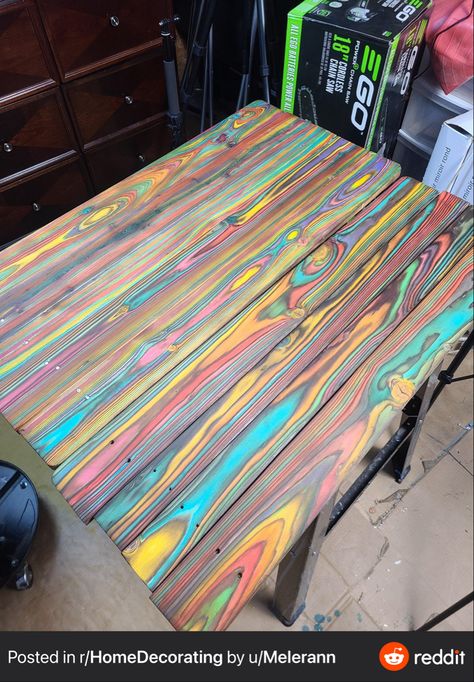 Multi Color Stained Wood Table, Unicorn Spit Picnic Table, Rainbow Wood Stain, Colorful Stained Wood, Rainbow Stained Wood, Unicorn Spit Table, Unicorn Spit Furniture, Rainbow Furniture, Diy Wood Stain