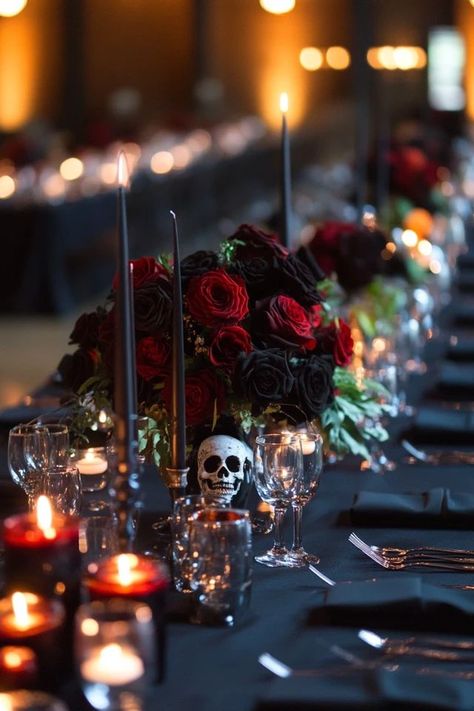 "Set the mood with a dark and mysterious Halloween tablescape! 🕸️🕯️ Perfect for creating a spooky yet elegant dinner setup. #HalloweenTablescape #DarkAndMysteriousDecor #SpookyDinnerInspo" Halloween Dinner Table, Dinner Setup, Spooky Dinner, Halloween Tablescape, Dark And Mysterious, Tablescape Inspiration, Dinner Table Decor, Halloween Dinner, Elegant Dinner