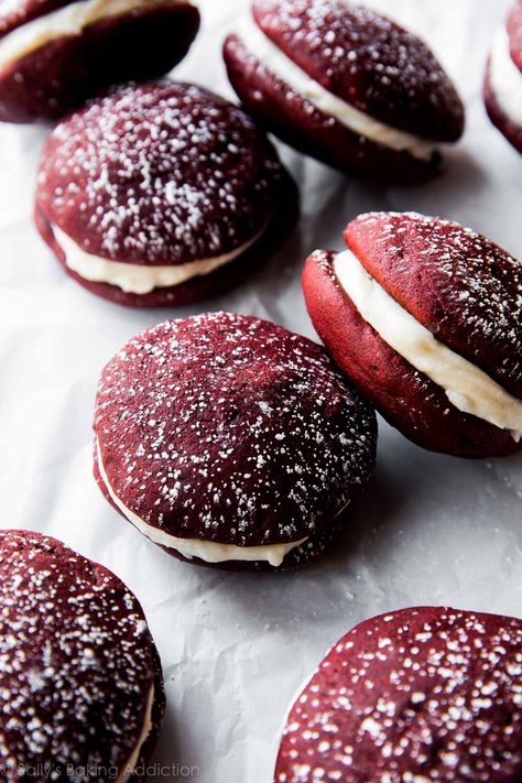 Whoopie Pie Filling, Red Velvet Whoopie Pies, Whoopie Pie Recipe, Velvet Cookies, Whoopie Pie, Sally's Baking, Red Velvet Cookies, Pumpkin Cream Cheeses, Whoopie Pies