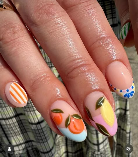 Pastel Fruit Nails, Farmers Market Nails, Nails With Fruit Design, Nails Fruit Design, Italy Vacation Nails, Italian Summer Nails, Spanish Nails, Mediterranean Nails, Italian Nails