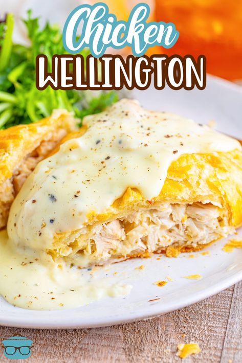 This recipe for Chicken Wellingtons is made with a flaky puff pastry that hugs a flavorful, creamy chicken mixture. These come together easily and are a dinner the whole family will love! Chicken Wellington, Chicken And Pastry, Puff Pastry Chicken, Puff Pastry Recipes Savory, Chicken Puffs, Recipe For Chicken, Country Cook, Wayne County, The Country Cook