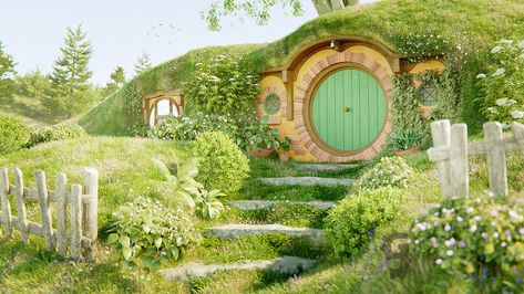 Hobbit Hole from Lord Of The Rings made entirely in Blender. Hobbit Hole House, Hobbit House Interior, Lord Rings, Hobbit Door, Fairytale House, The Hobbit Movies, Underground Homes, Hobbit Hole, Stylish Interior Design