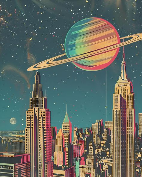 Save & follow for more! 🌟 This mesmerizing piece showcases a futuristic cityscape under a cosmos of endless stars. The skyscrapers echo New York City’s iconic design. The colorful planet with rings adds a touch of the surreal. Created in a retro-futuristic style, blending 80s nostalgia with modern techniques, this artwork offers a glimpse into an imagined future. Originating from the synthwave movement, such visuals often use vibrant neon palettes and digital gradients. #PixelSynth #RetroFuturism #Synthwave #DigitalArt #Cityscape Retro Future Color Palette, Planet With Rings, Project Aesthetic, Futuristic Cityscape, Planet Ring, 80s Nostalgia, Futuristic Style, Sell Photos, Cityscape Art