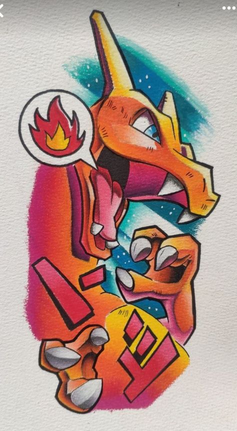 Pokemon Graffiti Art, Charizard Tattoo Ideas, Pokemon Drawing Ideas, How To Draw Charizard, Charizard Sketch, Pokemon Drawings Sketches, Charizard Drawing, Pokemon Tattoo Ideas, Charmander Tattoo