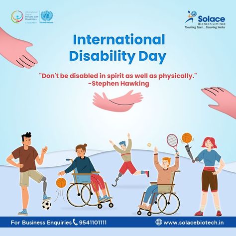 International Disability Day's goal is to raise awareness about disability issues and the fundamental rights of people with disabilities. Every year, this day is marked to instill compassion in all human beings on Earth. On this day, we honor the lives and determination of people with disabilities. #internationaldisabilityday #disabilityday #solacbiotech #pharmapcdfranchise #pharmafranchise #pharmafranchisecompany #thirdpartymanufacturing #pharma #thirdpartymanufacturingpharma International Disabilities Day, Fundamental Rights, Dance Workshop, Awareness Poster, People With Disabilities, Disabled People, Stephen Hawking, International Day, English Lessons