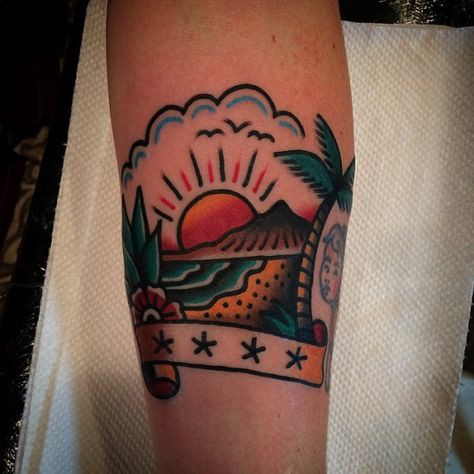 beach traditional tattoo bright color Designs With Meaning, Tropical Tattoo, Hawaii Tattoos, Meaning Tattoos, Traditional Style Tattoo, Dibujos Tattoo, Palm Tattoos, Tattoos For Women Half Sleeve