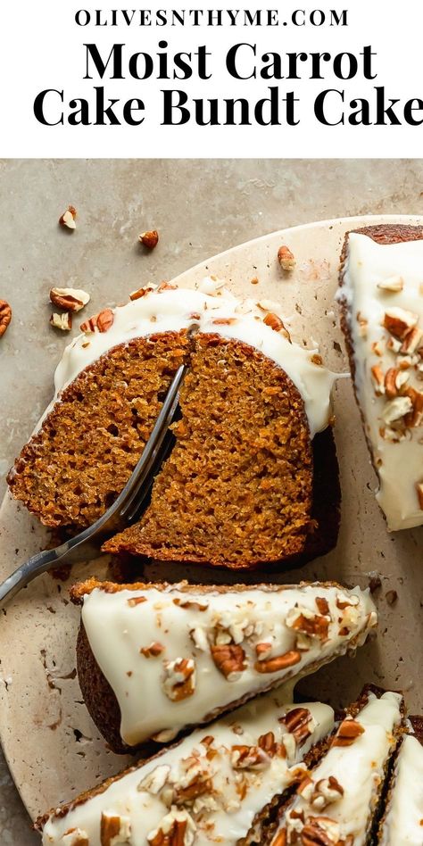 Carrot bundt cake is a perfectly moist carrot cake filled with freshly grated carrots and a blend of classic warming spices. Top this bundt carrot cake with a rich and tangy cream cheese glaze and crunchy pecans.  With its beautiful bakery worthy appearance and easy preparation, this carrot cake bundt cake is the perfect cake for all your holiday gatherings. Vegan Carrot Bundt Cake, Gluten Free Carrot Bundt Cake, Carrot Dessert Recipes, Carrot Bundt Cake Recipe, Hummingbird Cakes, Carrot Cake Bundt, Carrot Bundt Cake, Bunt Cake Recipe, Cakes Frosting