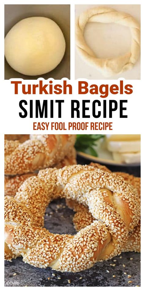 Braided bagels with sesame seeds with Pinterest overlay. Turkish Simit Recipe, Molasses Syrup, Turkish Simit, Simit Recipe, Bagel Dip, Sesame Bagel, Low Cholesterol Recipes, Yeast Bread Recipes, Homemade Bagels