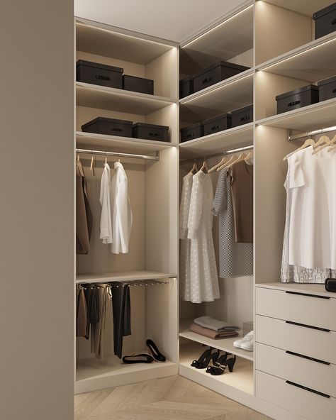 Walking Closet Layout, L Shape Walk In Wardrobe, Beige Walk In Closet, Wall In Wardrobe, Minimal Closet Design, Closet Modern Design, Wardrobe Room Design, Walk Thru Closet To Bathroom, Walk In Wardrobe Luxury