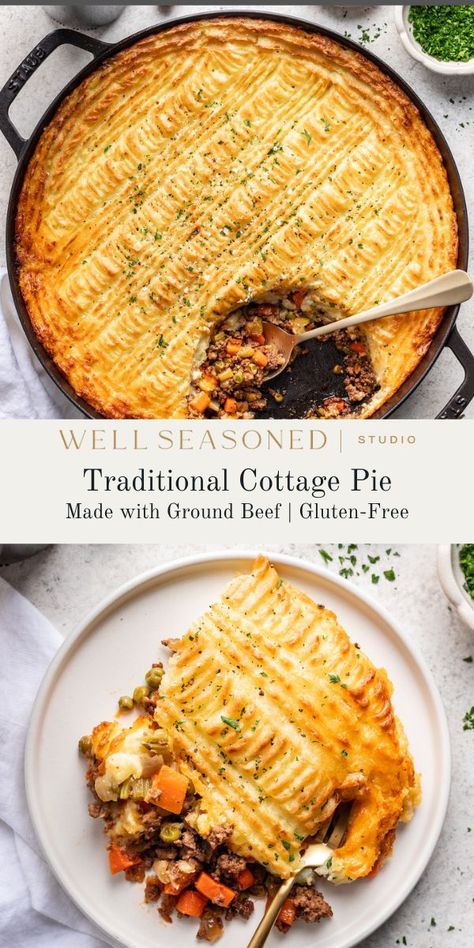 Homemade Cottage Pie is the ultimate British comfort food! Ground meat and vegetables are coated in a rich, savory gravy, then topped with creamy, cheesy mashed potatoes. Bake until golden brown, then dig into this hearty meal, perfect for a cozy night in. Gluten-free. #wellseasonedstudio #cottagepie #britishpie #groundbeefpie Jamie Oliver Cottage Pie, Cottage Pie Recipe Beef Jamie Oliver, Cottage Pie Recipe Beef, Gluten Free Meat, Cottage Pie Recipe, Savory Tarts, British Dishes, Meat And Vegetables, Cheesy Mashed Potatoes