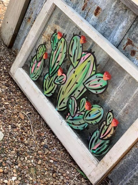 Diy Cactus Wall Decor, Cactus Window Painting, Diy Rustic Painting, Cow Print Decor Diy, Western Window Painting, Western Diy Paintings, Diy Cactus Painting, Old Window Painting Ideas, Wood Board Painting Ideas