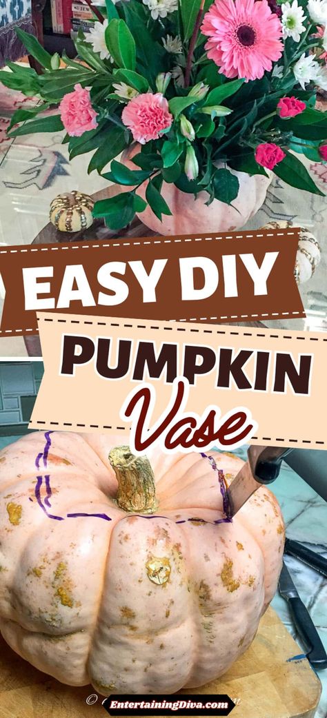 Easy DIY Pumpkin Vase | Happy Thanksgiving How To Make A Pumpkin Flower Arrangement, Pumpkin Vase Flowers, Foam Pumpkin Flower Arrangement, Floral Pumpkin Centerpiece Diy, How To Make Pumpkin Flower Centerpiece, Wet Foam, Pumpkin Vase, Thanksgiving Entertaining, Fall Entertaining