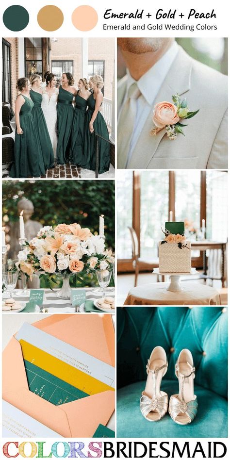 emerald green gold and peach wedding color palettes, emerald bridesmaid dress, white bridal gown, peach and white flower bouquet, wedding centerpieces and wedding cake decor, gold wedding shoes, gold bridegroom tie and peach corsage, emerald and peach wedding invitations with gold letters. #weddingcolors #weddingideas #greenweddings #colsbm #2024 #bridesmaiddresses #emeraldandgoldwedding #emeraldgoldandpeach Emerald And Peach Wedding, White Flower Bouquet Wedding, Peach Corsage, Emerald Green And Gold Wedding, Peach Gold Wedding, Peach Wedding Theme, Peach Wedding Decorations, Emerald Green Wedding Theme, Peach Wedding Colors