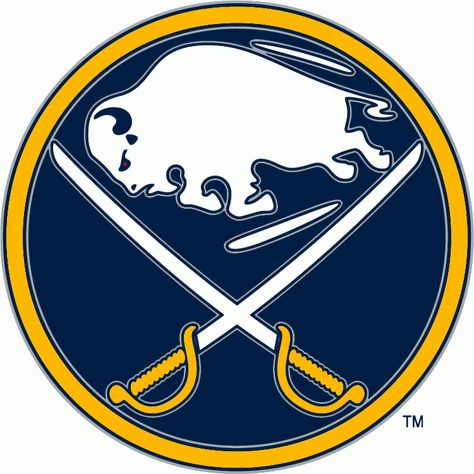 Buffalo Sabres Primary Logo (2011) - A buffalo and crossed swords, inside a blue circle with silver outlines Buffalo Sabres Hockey, Sabres Hockey, Nhl Logos, Laser Cut Steel, Wall Logo, Palette Design, Buffalo Sabres, Fan Cave, Stretched Canvas Wall Art