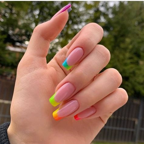 Colourful Acrylic Nails, Nails Rainbow, Rainbow Nails Design, Rainbow Nail Art, Rainbow Nails, French Tip Nails, Short Acrylic Nails, Best Acrylic Nails, Square Nails