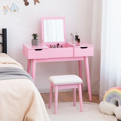 This gorgeous and multifunctional flip top vanity table and stool set is a perfect addition to your bedroom! This practical dressing table comes with 9 removable partitions and 2 drawers to provide you with spacious and smart storage space for your cosmetics, jewellery and any other beauty supplies. The makeup stool with a thick sponge padded seat is comfortable to sit on. Besides, the flip-top mirror can not only show your beauty clearly but also be a stable table board for placing your laptop Dressing Table Modern, Desk Stool, Makeup Vanity Table, Mirror Drawers, Pink Vanity, Makeup Stool, Padded Stool, Bedroom Makeup Vanity, Makeup Dressing Table