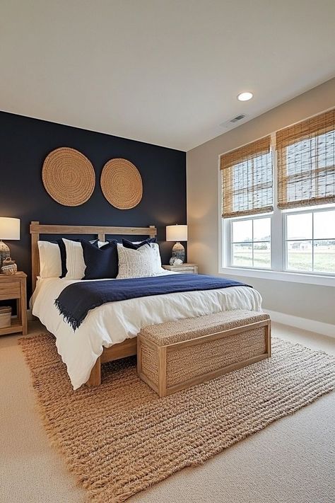 navy and blush bedroom ideas Navy Bed Styling, Navy Blue And Rust Bedroom, Navy Blue Bedding Ideas, Navy Room Aesthetic, Navy Blue And Beige Bedroom, Navy And Cream Bedroom, Navy Boho Bedroom, Blue White And Gold Bedroom, Navy Accent Wall Bedroom