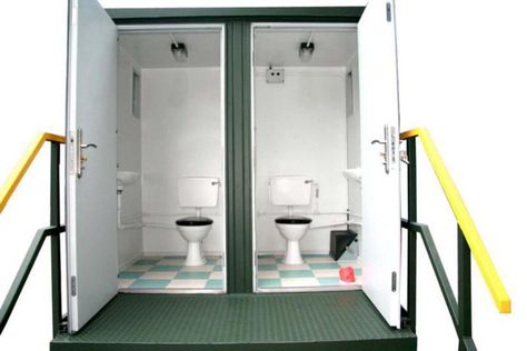 Shipping containers converted as portable toilets & showers Cheap Modular Homes, Shipping Container Conversions, Converted Shipping Containers, Shipping Container Design, Portable Restrooms, Shipping Containers For Sale, Container Cafe, Container Conversions, Outdoor Bathroom Design