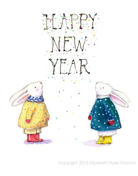 New Years Drawing Ideas, New Year Drawing, New Year's Drawings, New Year Illustration, New Year Art, Rabbit Illustration, Happy New Year Images, Happy New Year Cards, Happy New Year Greetings