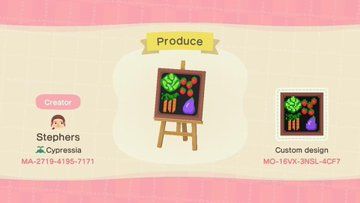 Acnh Vegetable Stall, Animal Crossing Vegetable Sign, Acnh Produce Sign, Animal Crossing Farmers Market Sign, Fruit Sign Acnh Code, Animal Crossing Orchard Signs, Fruit Stall, Vegetable Animals, Website Making