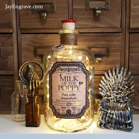 700ml Game Of Thrones Inspired Milk Of The Poppy Round or Square Glass Apothecary Bottle Lamp | Upcycled Bottle Lamps | JayEngrave Milk Of The Poppy, Apothecary Ideas, Character Outfits Ideas, Fairy Wishes, Liquid Luck, Chic Lamp, Shabby Chic Lamps, Cook Meals, Fairy World