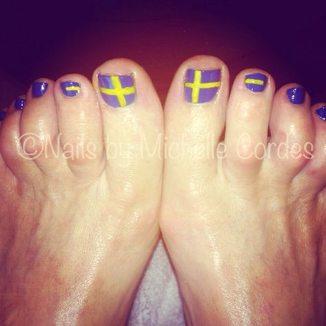 Swedish flags on toes! By Michelle Cordes Flag Nails, Sweden Flag, Swedish Flag, Nails Coffin, Coffin Nails, Sweden, Gel Nails, Flag, Nails