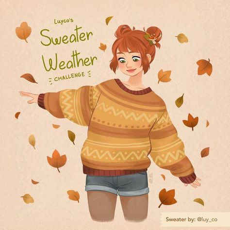 Luisa Sipia on Instagram: "It’s time for a lighthearted drawing challenge! 🎉 To celebrate the arrival of fall, I cooked up this little challenge and there’s some prizes to be won! So lemme explain what this is all about. ✨ See that girl in the drawing? I want you to draw your own version of that sweater she’s wearing and you can do so either in a digital format or with traditional mediums such as pencils, ink, watercolors or whatever you like! The challenge will last all the way to the end of Winter As A Person Drawing, Autumn Outfits Illustration, Animal In Sweater Drawing, Sweater Art Drawing, Big Sweater Drawing, Sweater Drawing Reference, Draw Sweater, Autumn Season Drawing, Jumper Drawing