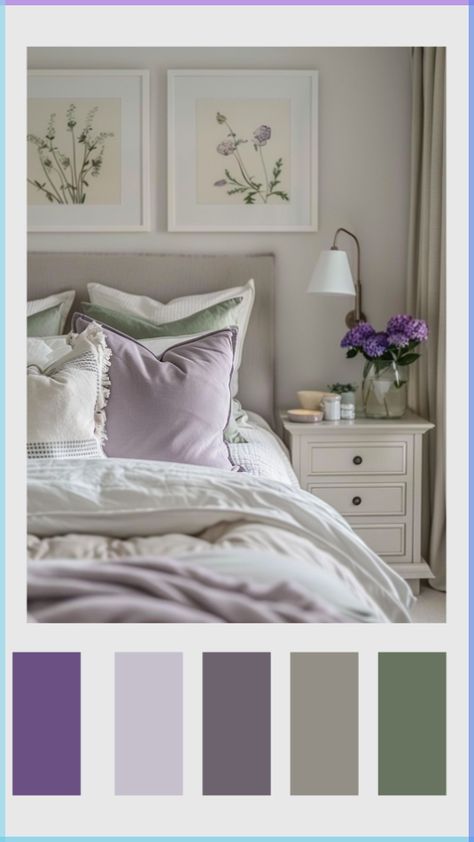 Bedroom Lilac And Grey, Cute Color Schemes Bedrooms, Bedroom Colors Palette, Bedroom Decor Lavender, Lavender Sage Bedroom, Cream And Lavender Bedroom, Elegant Purple Bedroom, Purple And Green Bedroom Decor, Lavender Room Ideas Color Combinations