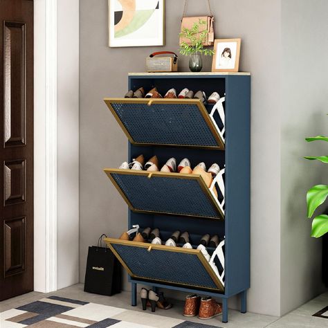 Slim Shoe Cabinet, Wood Organization, Wood Shoe Rack, Shoe Rack Entryway, Shoe Rack Organization, Entryway Shoe, Modern Shoes, Blue Living Room, Shoe Storage Cabinet