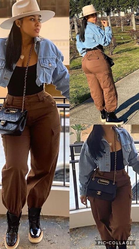 Cargo Pants Denim Jacket, Trousers Styling, Cargo Pants Denim, Brown Trousers, Trendy Outfits Winter, Pants Denim, Looks Black, My Outfit, Sciatica