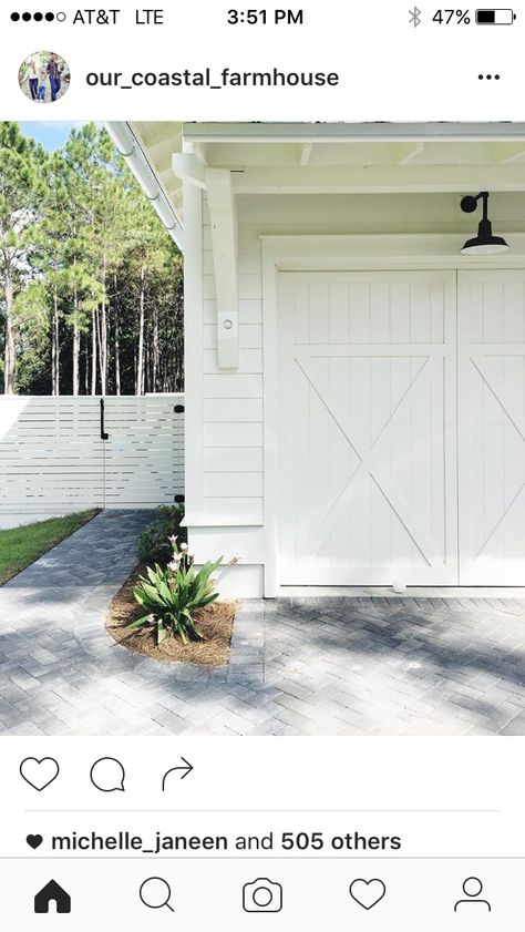 Sideyard fence Carriage Style Garage, Ranch Remodel, Shed Doors, Coastal Farmhouse, Side Yard, White Accents, Home Reno, Garage Door, Barn Doors