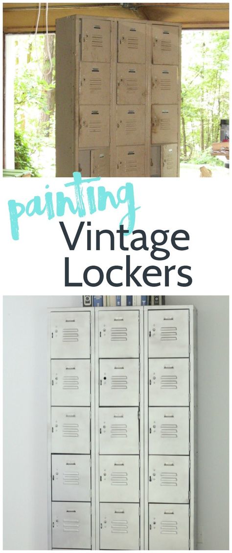 Locker Color Ideas, How To Paint Metal Lockers, Outdoor Furniture Makeover, Diy Locker, Vintage Lockers, Mirrored Bedroom Furniture, Gym Lockers, Farmhouse Laundry, Metal Lockers