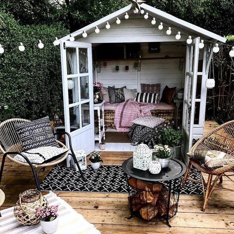 Decor on Instagram: “You don't need a big outdoor space to create a magical little refuge of style. We adore the string lights and throw pillows in this…” Shed Hangout, Backyard Sheds Hangout, Shed Hangout Ideas, Summer House Interiors, Backyard Hangout, Hangout Ideas, Hangout Room, Girl Cave, Outdoor Sheds