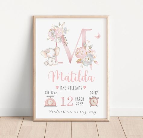 Elephant Birth, Flopsy Bunny, Birth Prints, Baby Posters, Baby Frame, Baby Drawing, Birth Details, Name Print, Baby Birth