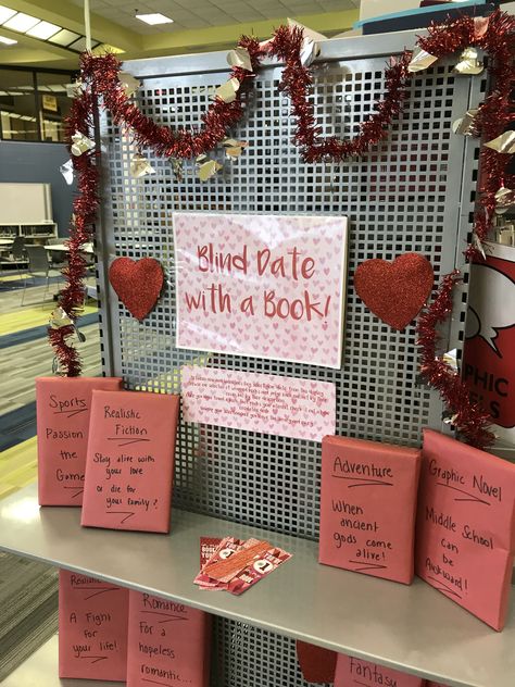 Library Decorations: Library End Cap: Blind Date with a Book for Valentines Day Library End Cap Displays, February Book Displays, Valentine Library Bulletin Board Ideas, Valentine’s Day Library Display, Valentines Book Display, Library Valentines Day Bulletin Boards, Valentines Day Library Displays, Library Valentines Display, Valentines Library Display