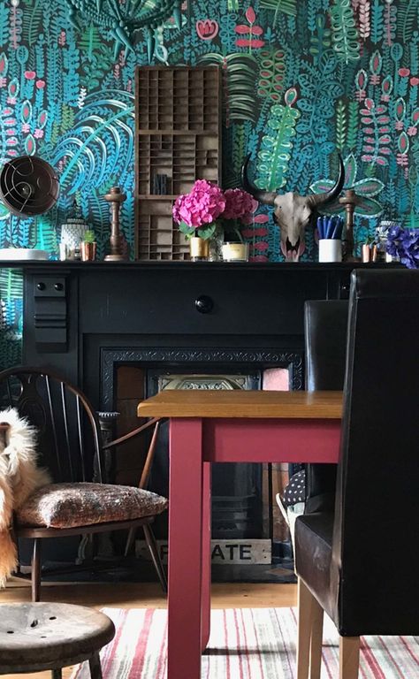 Teal Wallpaper Dining Room, Funky Dining Room, Lucy Tiffney, The Pink House, Teal Interiors, Funky Wallpaper, Eclectic Bathroom, Latest Interior Design Trends, Bohemian Living Rooms