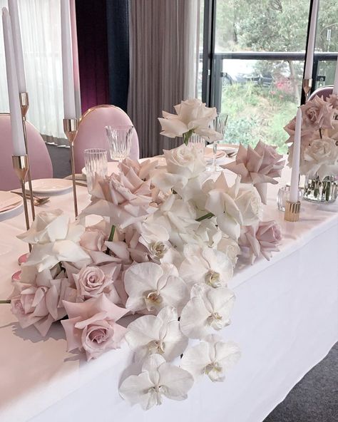 White & Blush Pink Centerpieces with Gold Dinner Candles and Assorted Glass & Marble Tealights for a Bridal Shower <3  At Aqua Luna, Sydney / Styling & Florals by Madeline Anne / @madelineanne_stylist Blush Pink Centerpieces, Bridal Table Flowers Arrangements, Orchid Floral Arrangements, Bridal Table Flowers, Flowers Combination, Orchid Bridal Bouquets, Table Florals, Pink Centerpieces, Table Flower Arrangements