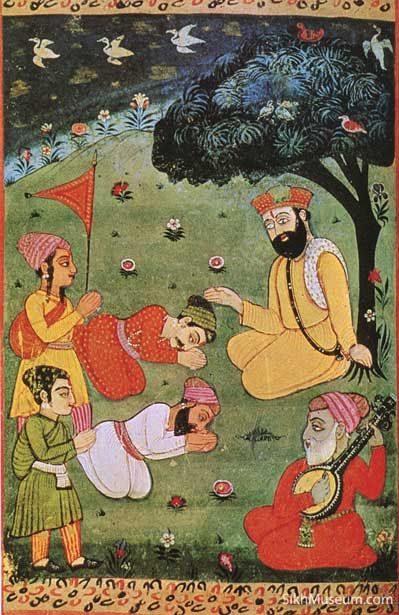 Bahi Lehna (later Guru Angad) and his companions visit Baba Nanak Art Krishna, Indian Miniature, Mughal Paintings, Miniature Paintings, Pichwai Paintings, Lord Vishnu Wallpapers, Indian Painting, Ancient India, Indian Paintings