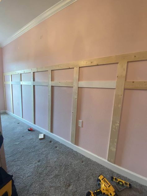 Floral Board & Batten Accent Wall - Build It Thrifty Girls Bedroom Board And Batten, Trim Work On Walls Bedroom, Pink Wood Accent Wall, Board And Batten Wall Girls Room, Girl Nursery Accent Wall Ideas, Toddler Girl Accent Wall, Girls Accent Wall Bedroom, Toddler Room Accent Wall, Girl Room Accent Wall