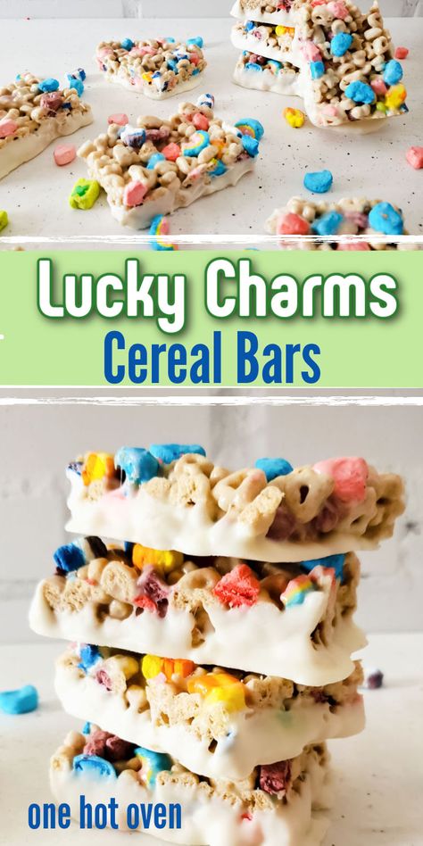 Lucky Charms Recipes, Lucky Charms Cereal Bars, Lucky Charms Treats, Cereal Bars Recipes, Lucky Charms Marshmallows, Lucky Charms Cereal, Cereal Dessert, Treat Bar, Krispie Treats Recipe