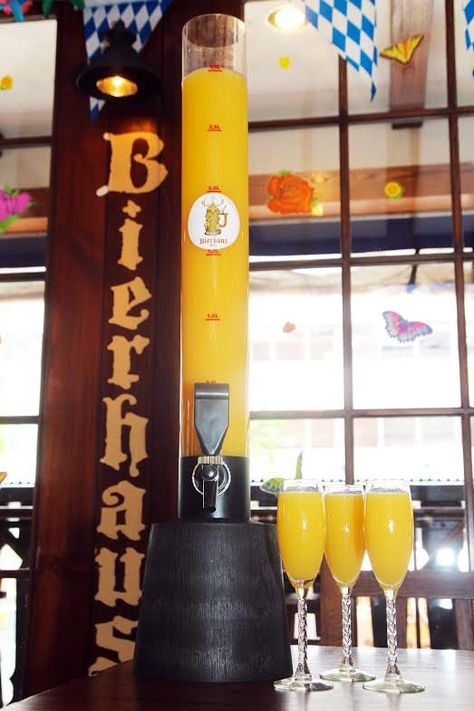 A restaurant in NYC makes an enormous mimosa tower that gives new meaning to 'bottomless brunch' - Insider Mimosa Tower, Mionetto Prosecco, Bottomless Mimosas, Bottomless Brunch, Mimosa Bar, Nyc Restaurants, Champagne Bottles, Wine Bar, A Restaurant