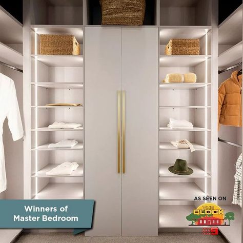 Kinsman on Instagram: "Be inspired by our new additions to the Kinsman Wardrobes range featured within the Master Wardrobes on @theblock 🤩. Grey tones are right on trend as seen in our Dove Grey Matt doors and French Linen interior finishes. Make a statement with your handles: our new Leather with Pewter Buttons and Solid Brass Bars will transform your bedroom look. Add a pop of colour with our NEW Bonsai colour to create your own Country inspired wardrobe 🌳 . Explore the entire wardrobe colle Kinsman Wardrobes, Master Wardrobe, Bone Inlay Side Table, Wrap Around Balcony, Secret Passageways, Luxury Storage, Walk In Robe, Big Beds, Kitchen Wardrobe