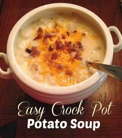 Paula Dean's crockpot potato soup recipe. Combine 1 bag frozen hash browns, 2 (14oz) cans chicken broth, 1 can cream of chicken soup, 1/2c chopped onion, 1/3tsp black pepper. Cook in crock pot on low for 5hours. Stir in 8oz block of cream cheese, cook 30 minutes, stir occasionally. Easy Crockpot Potato Soup, Crock Pot Potato Soup, Crock Pot Potato, Crockpot Potato Soup, Crockpot Potato, Crock Pot Potatoes, Potato Soup Crock Pot, God Mad, Soup Crocks