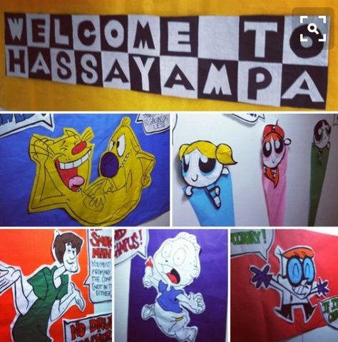 Cartoon Network theme Hall Themes, Ra Themes, Thema Party, Cartoon Ideas, Throwback Party, Ra Bulletin Boards, Resident Adviser, Resident Assistant, Door Decs