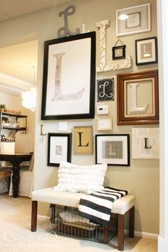 like this idea... Picture Layout, Jones Design Company, Cottage Decorating, Deco Champetre, Framed Pictures, Picture Framing, Monogram Wall, Courtyard House, Design Del Prodotto